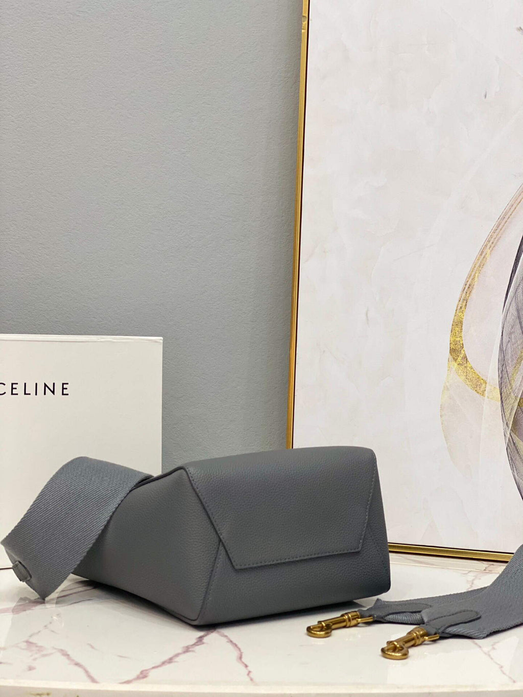 Celine 178303 Sangle Small Bucket Bag in Soft Grained Calfskin Gray