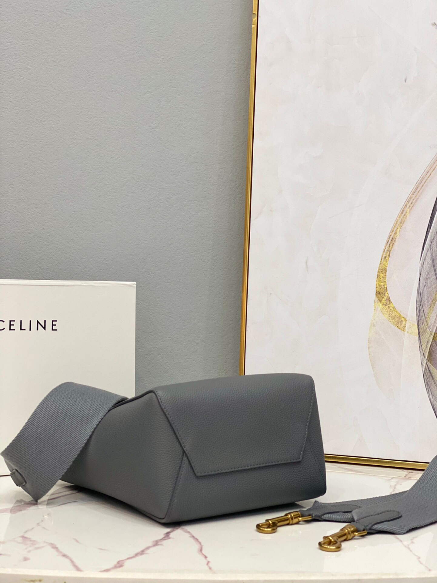 Celine 178303 Sangle Small Bucket Bag in Soft Grained Calfskin Gray