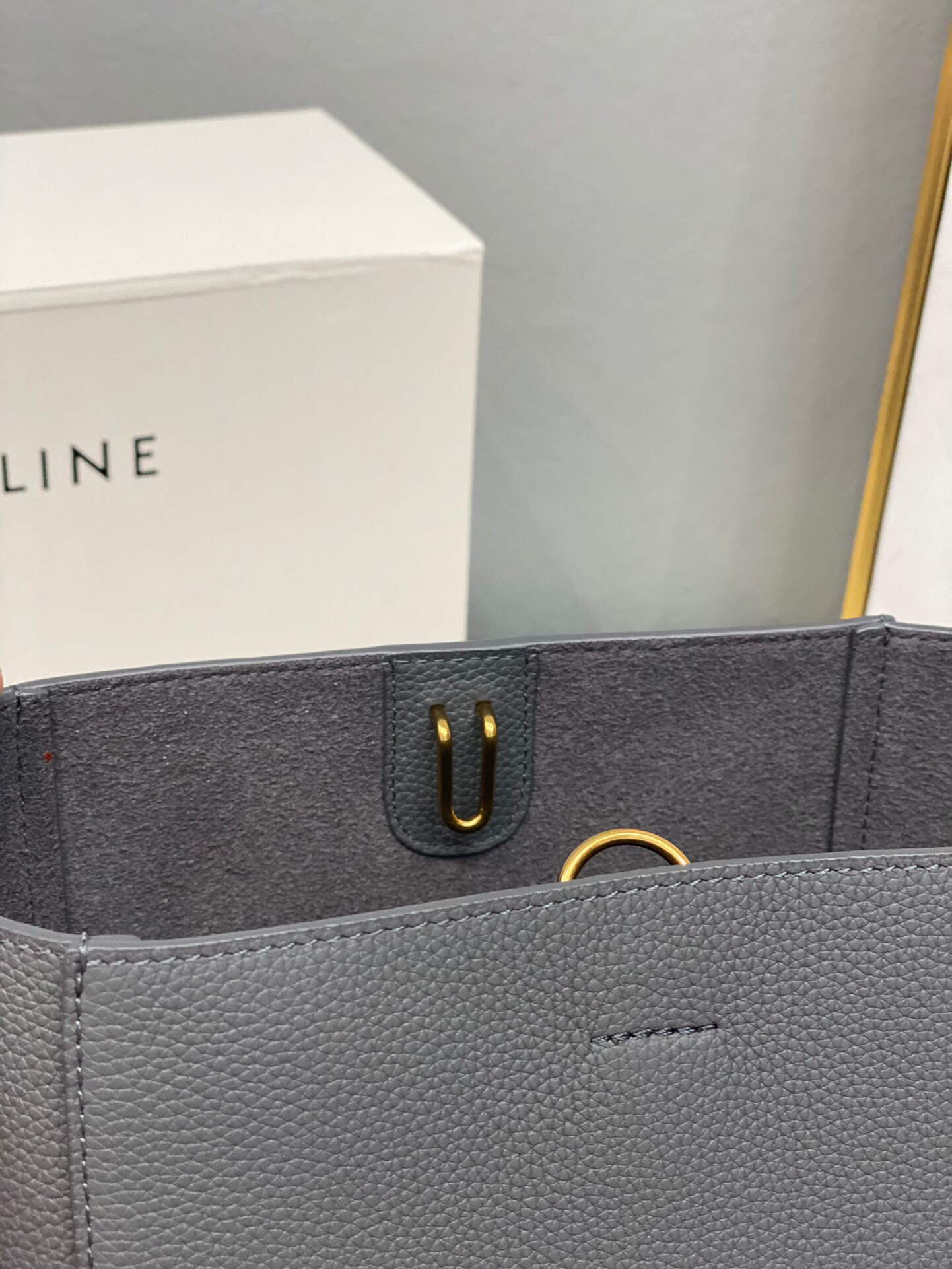 Celine 178303 Sangle Small Bucket Bag in Soft Grained Calfskin Gray