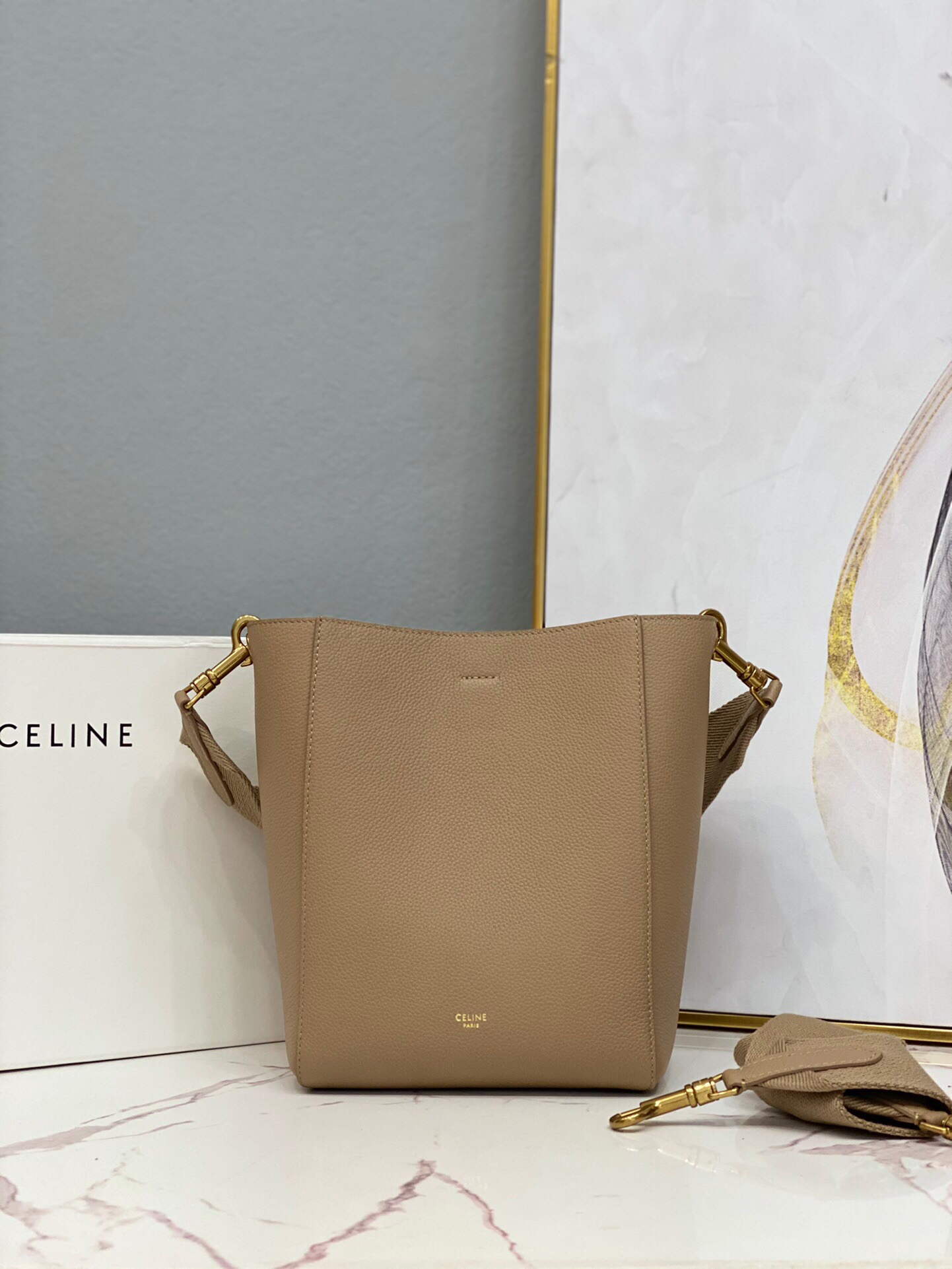 Celine 178303 Sangle Small Bucket Bag in Soft Grained Calfskin Apricot - Default Title - View 1