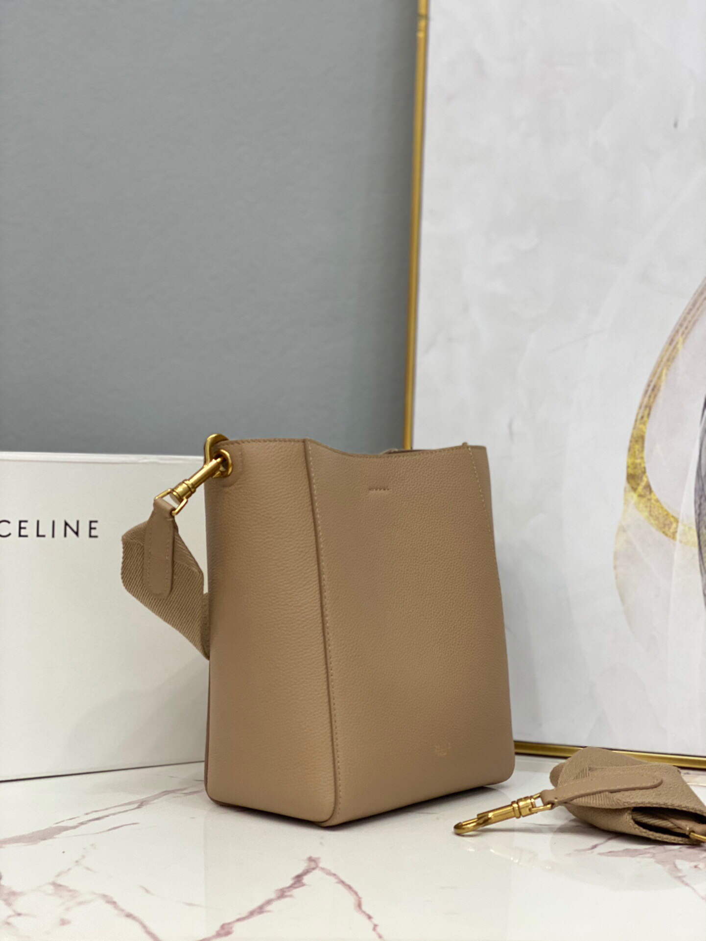 Celine 178303 Sangle Small Bucket Bag in Soft Grained Calfskin Apricot
