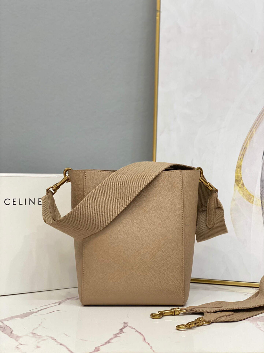 Celine 178303 Sangle Small Bucket Bag in Soft Grained Calfskin Apricot