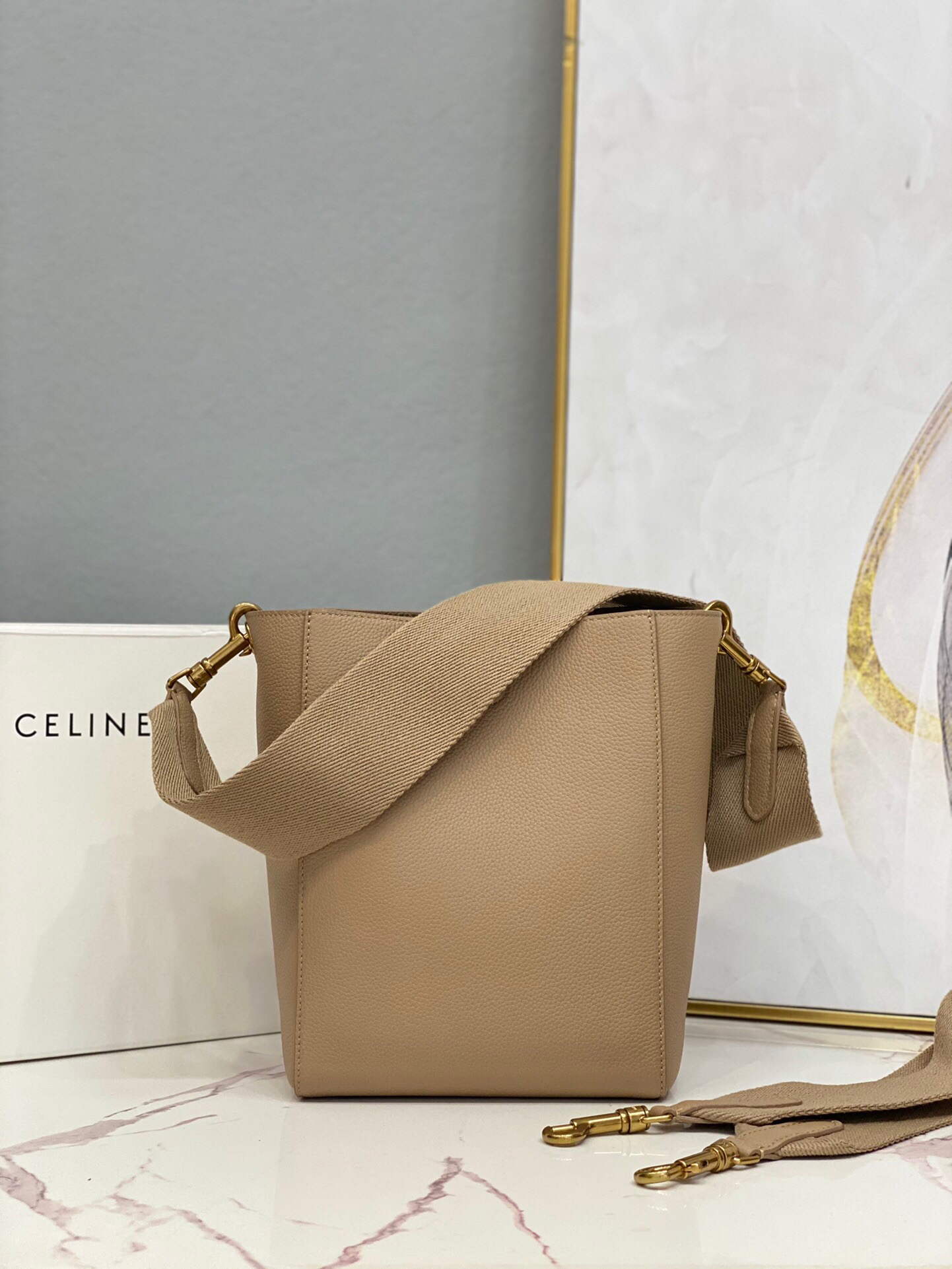 Celine 178303 Sangle Small Bucket Bag in Soft Grained Calfskin Apricot