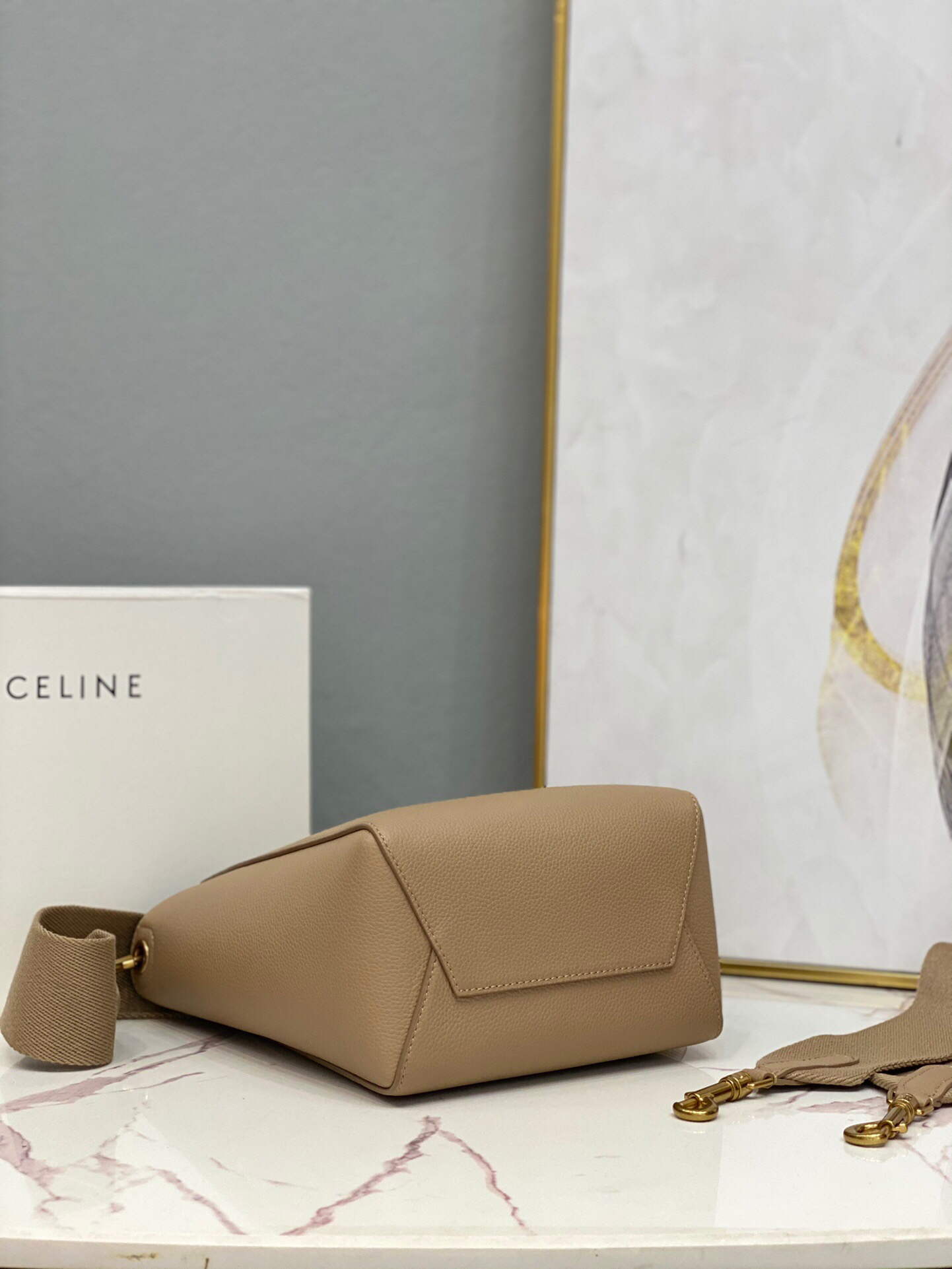 Celine 178303 Sangle Small Bucket Bag in Soft Grained Calfskin Apricot