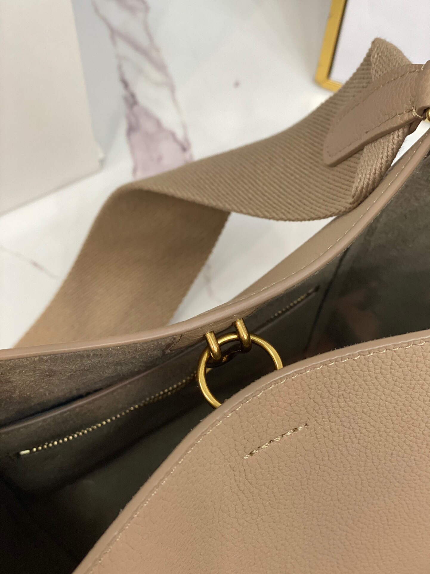Celine 178303 Sangle Small Bucket Bag in Soft Grained Calfskin Apricot