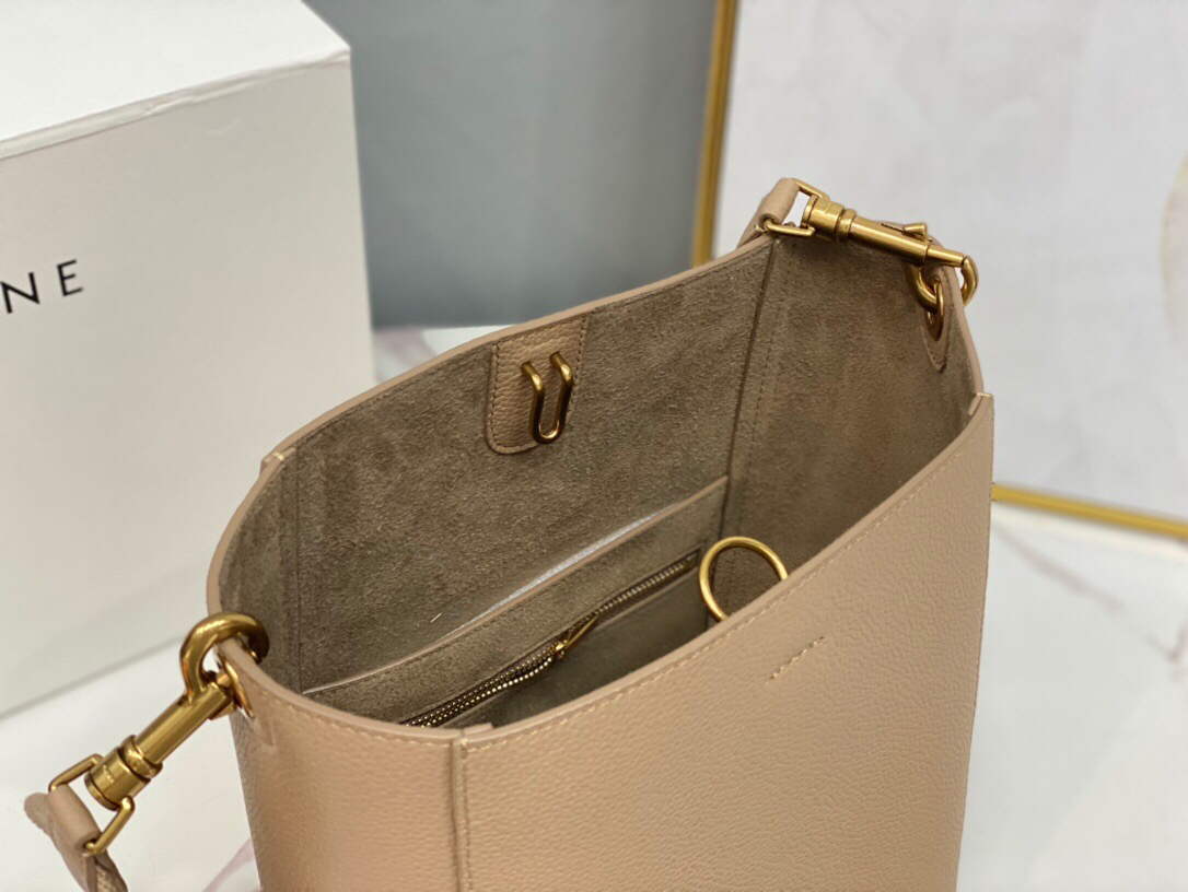 Celine 178303 Sangle Small Bucket Bag in Soft Grained Calfskin Apricot