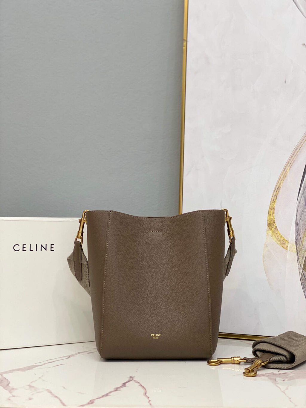 Celine 178303 Sangle Small Bucket Bag in Soft Grained Calfskin Taupe