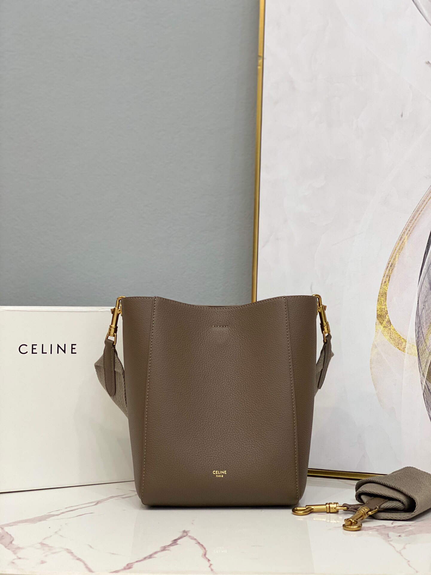 Celine 178303 Sangle Small Bucket Bag in Soft Grained Calfskin Taupe