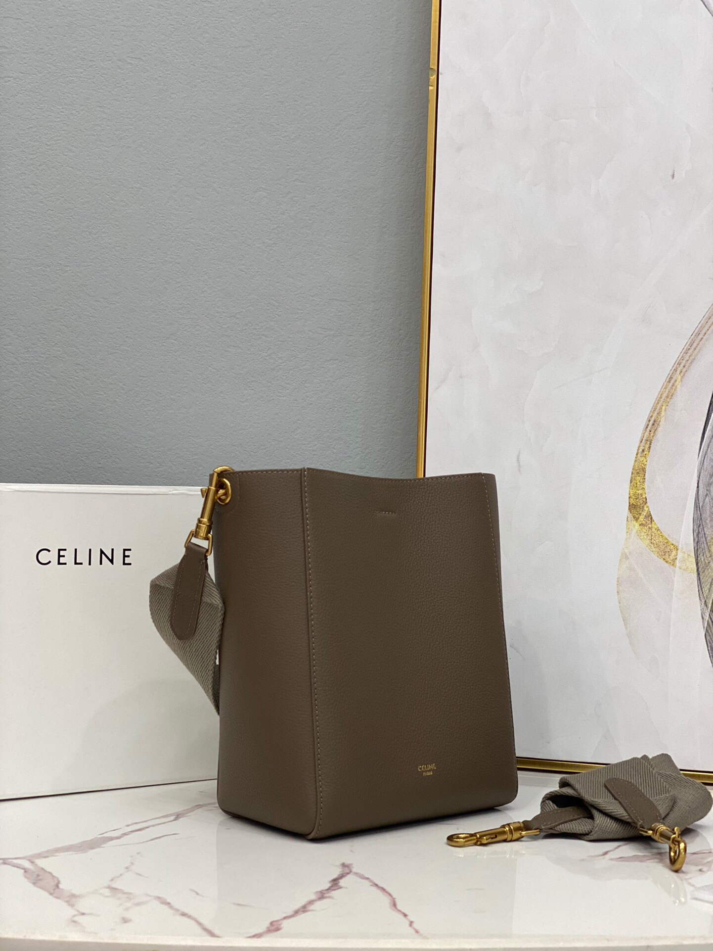 Celine 178303 Sangle Small Bucket Bag in Soft Grained Calfskin Taupe