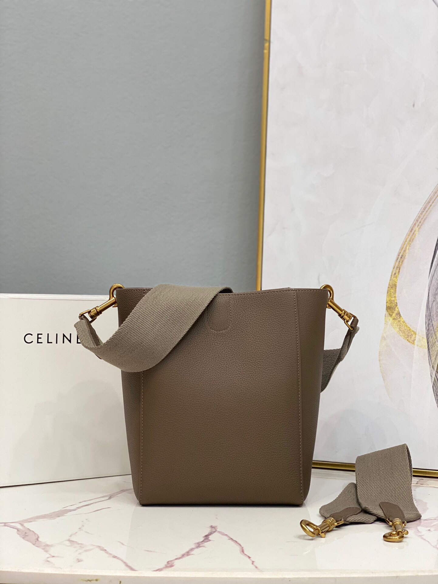 Celine 178303 Sangle Small Bucket Bag in Soft Grained Calfskin Taupe