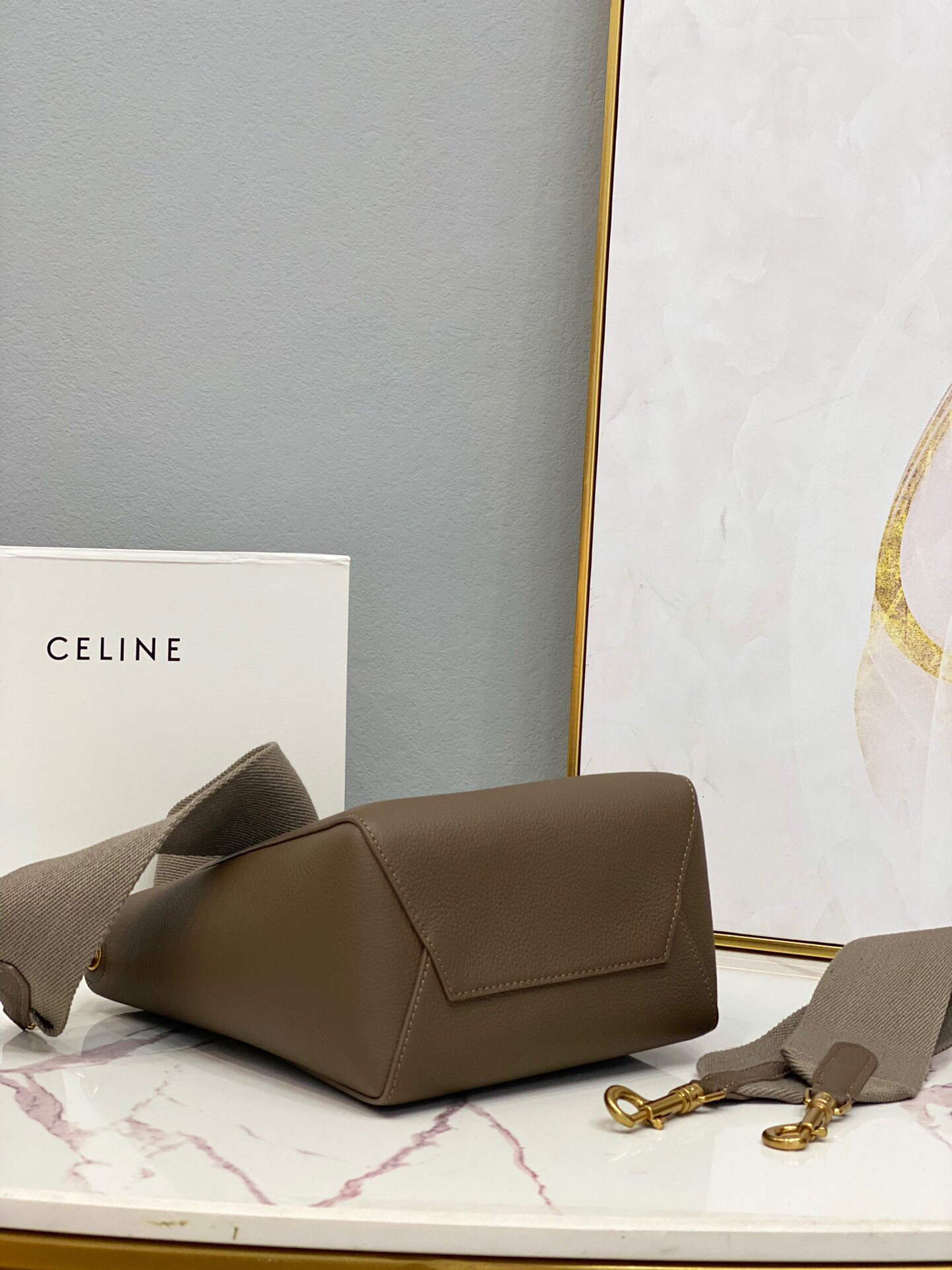 Celine 178303 Sangle Small Bucket Bag in Soft Grained Calfskin Taupe