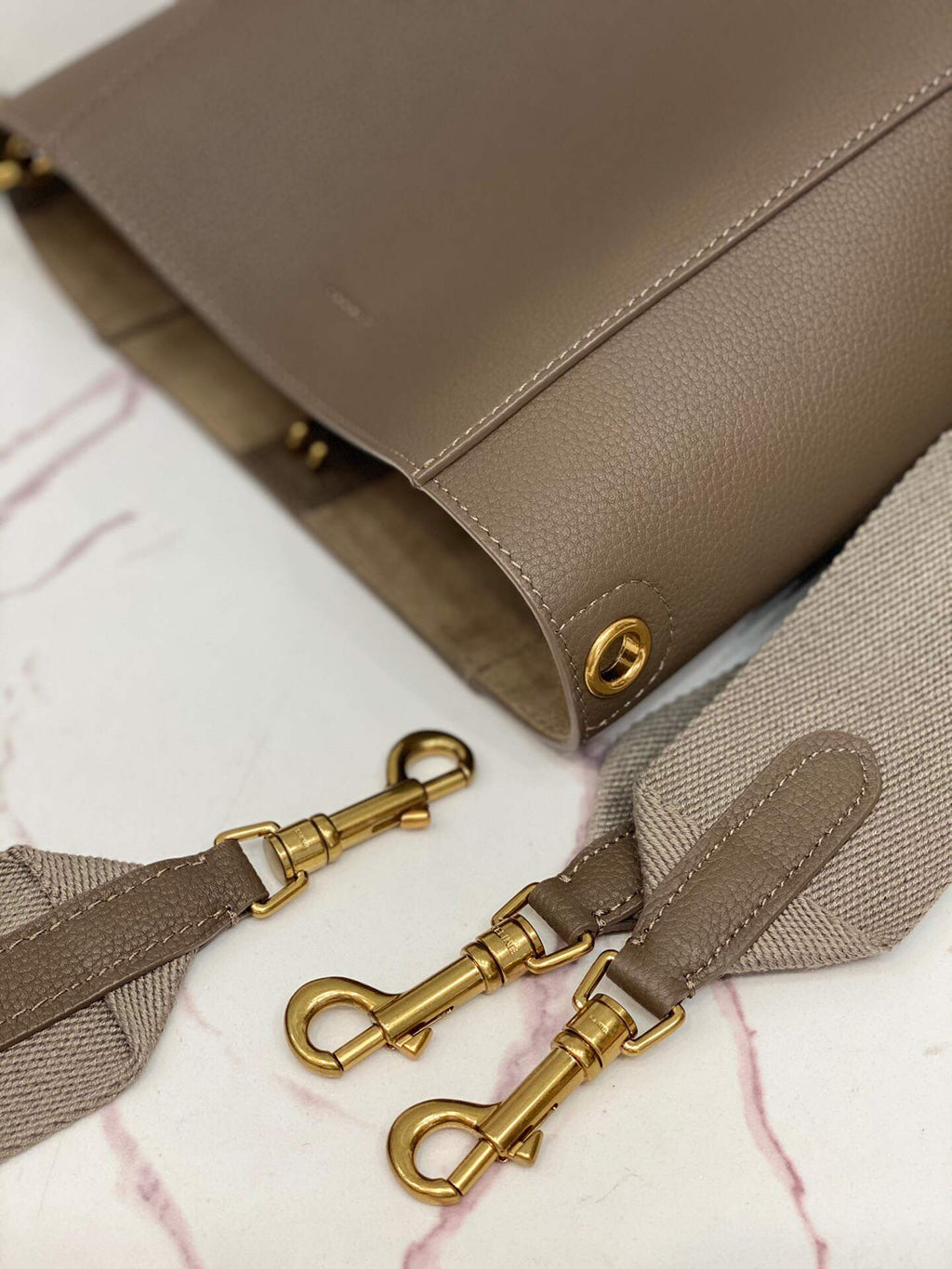 Celine 178303 Sangle Small Bucket Bag in Soft Grained Calfskin Taupe
