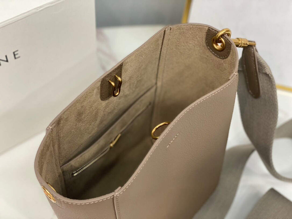Celine 178303 Sangle Small Bucket Bag in Soft Grained Calfskin Taupe