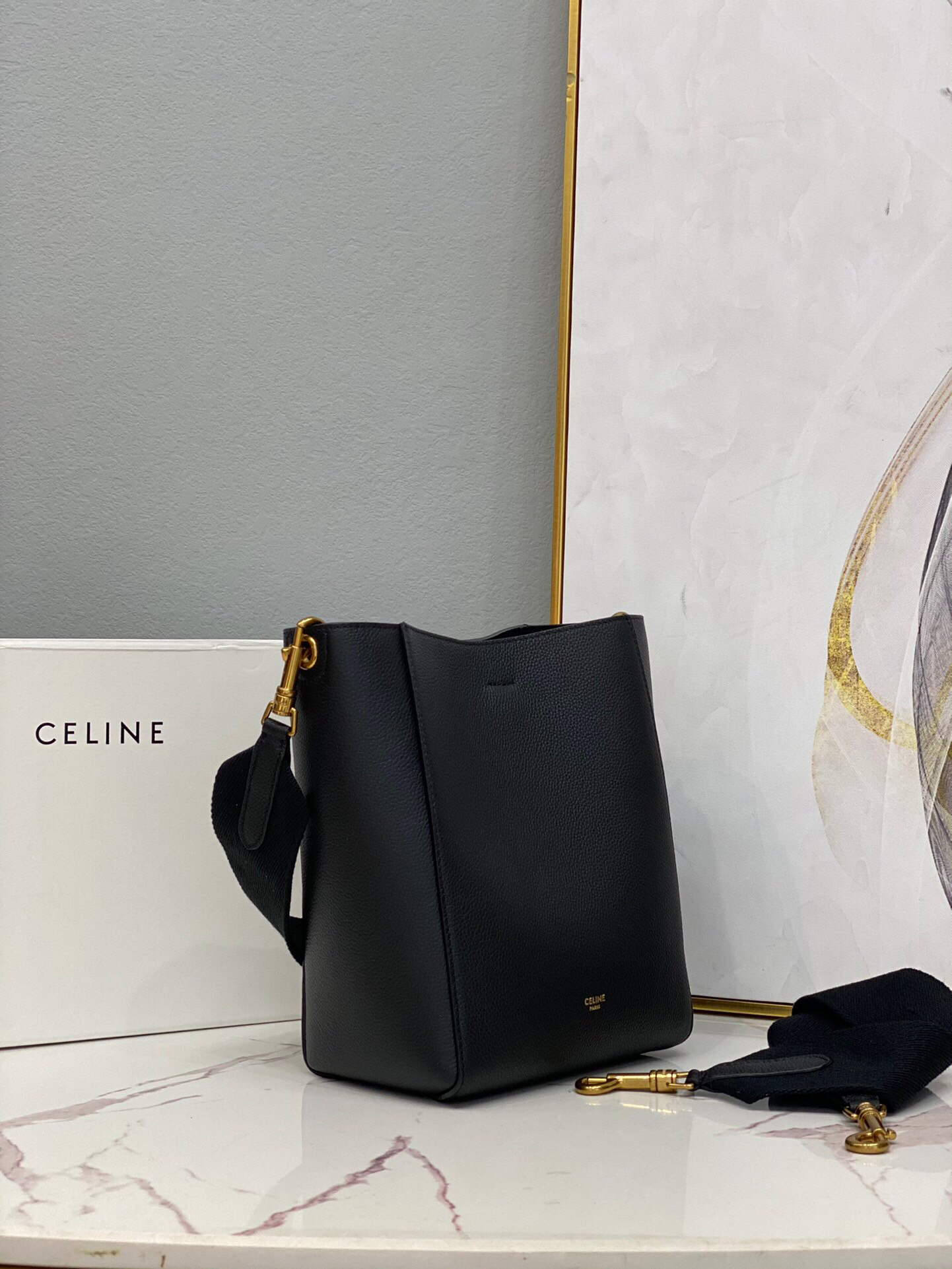 Celine 178303 Sangle Small Bucket Bag in Soft Grained Calfskin Black