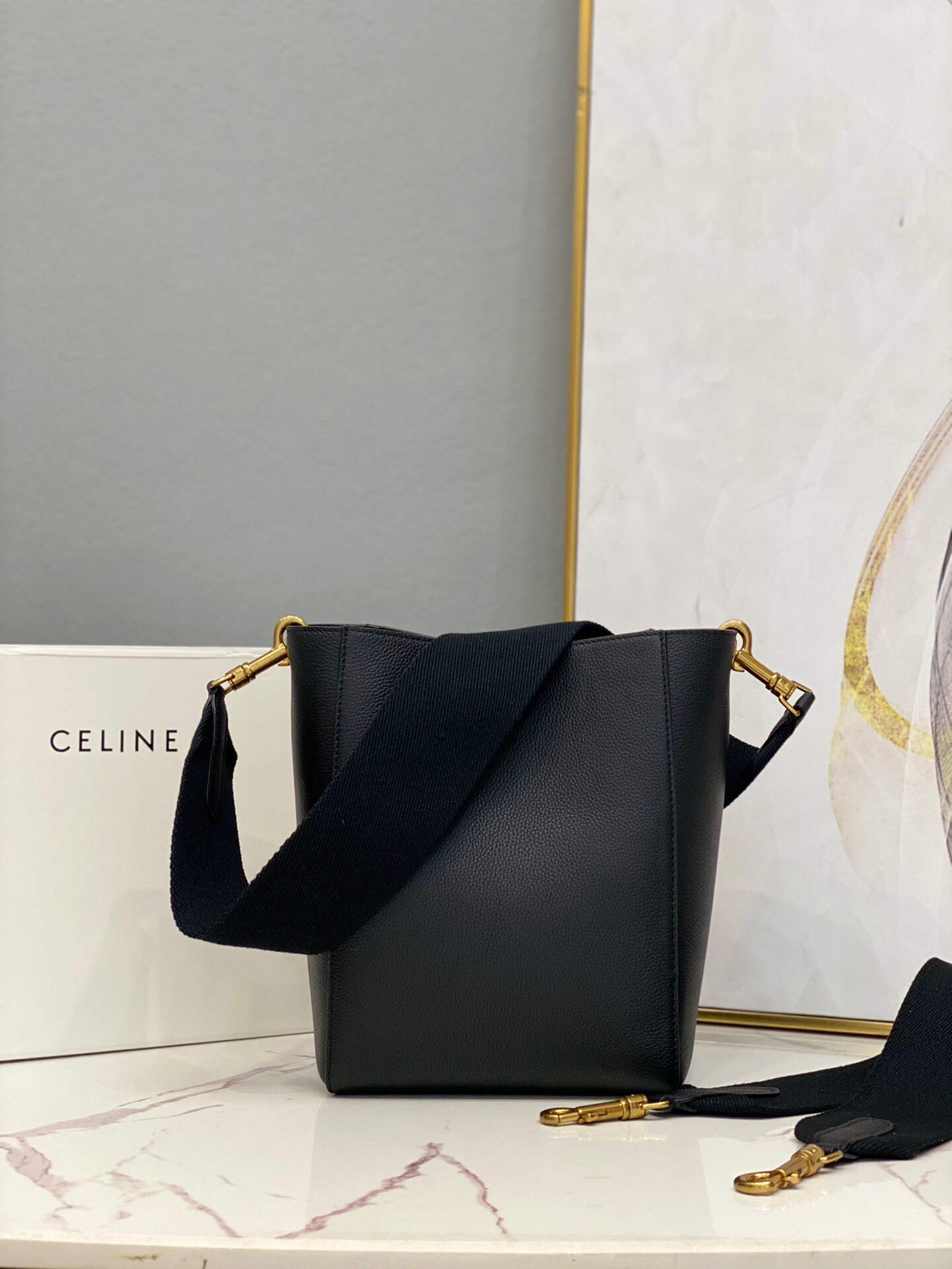 Celine 178303 Sangle Small Bucket Bag in Soft Grained Calfskin Black