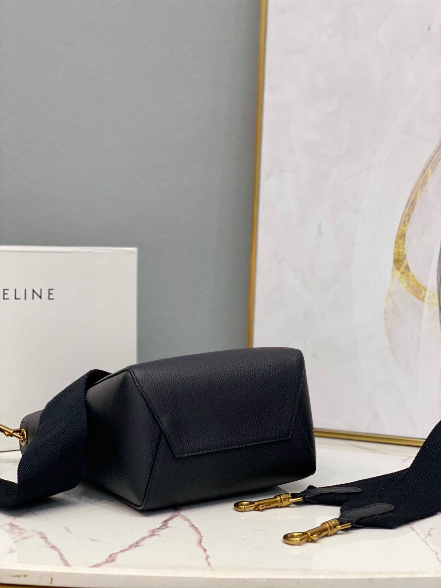 Celine 178303 Sangle Small Bucket Bag in Soft Grained Calfskin Black
