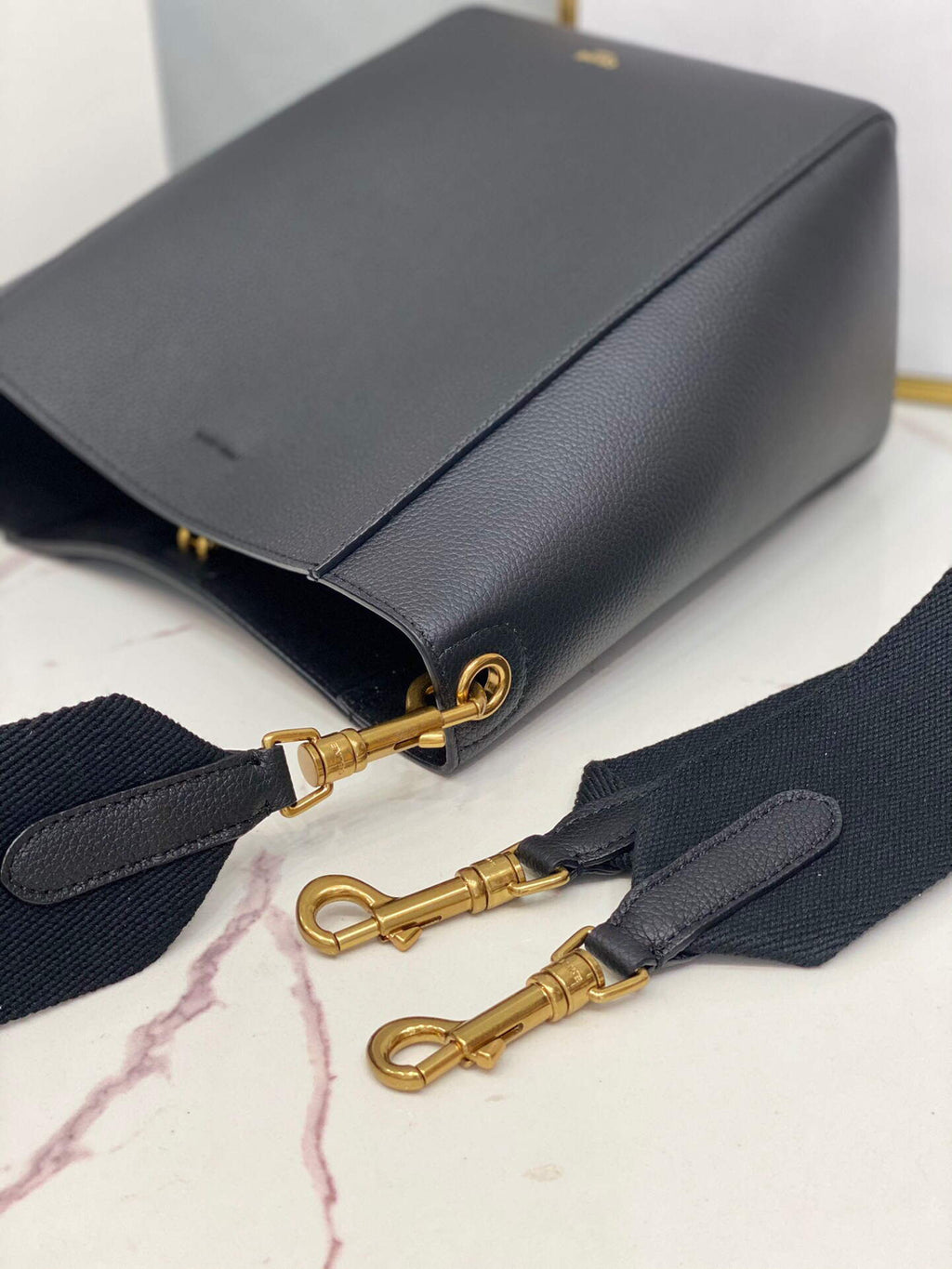 Celine 178303 Sangle Small Bucket Bag in Soft Grained Calfskin Black