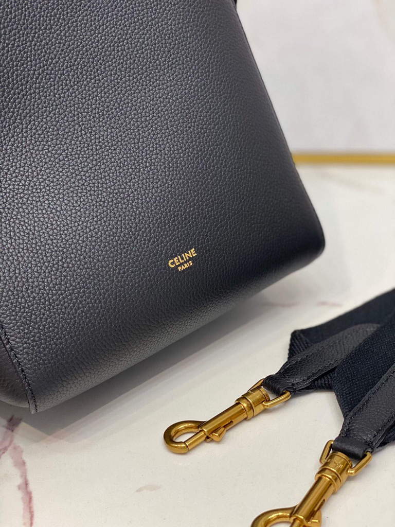 Celine 178303 Sangle Small Bucket Bag in Soft Grained Calfskin Black
