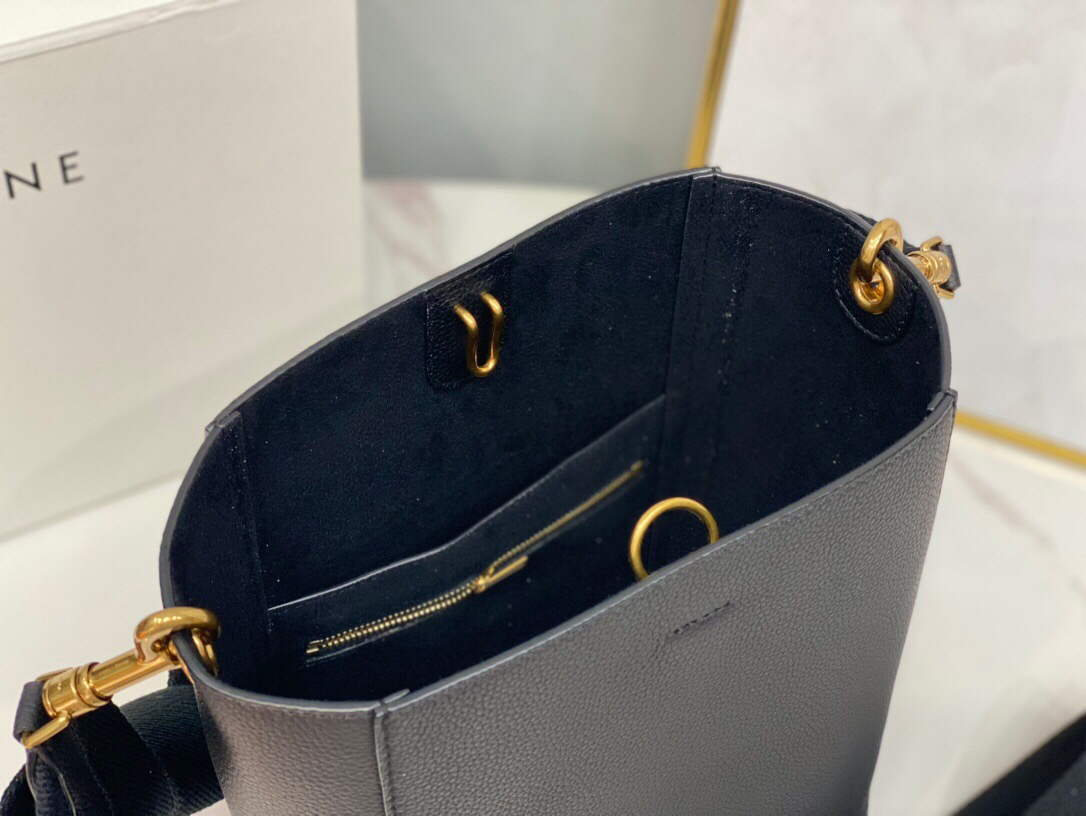 Celine 178303 Sangle Small Bucket Bag in Soft Grained Calfskin Black
