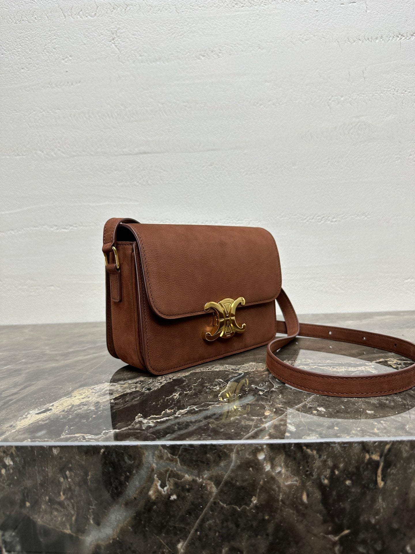 Celine 187363 Medium CLASSIQUE TRIOMPHE BAG IN Suede Brown