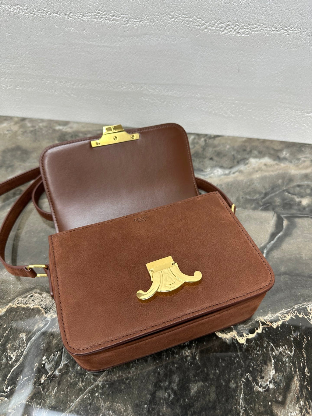 Celine 187363 Medium CLASSIQUE TRIOMPHE BAG IN Suede Brown