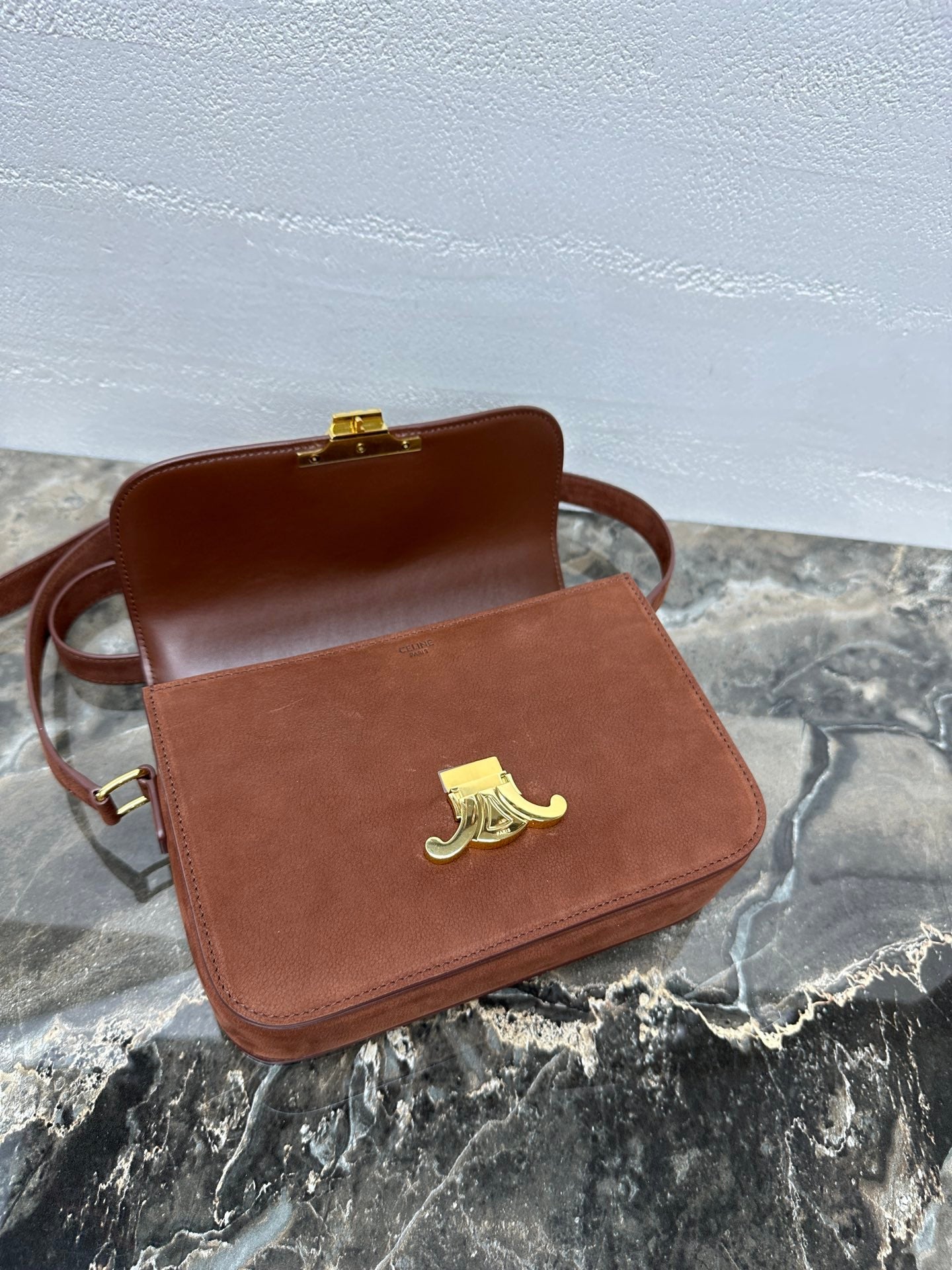 Celine 188423 TEEN TRIOMPHE BAG IN Suede Brown