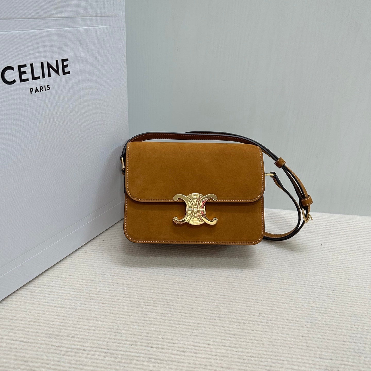 Celine 188423 TEEN TRIOMPHE BAG IN Suede Camel