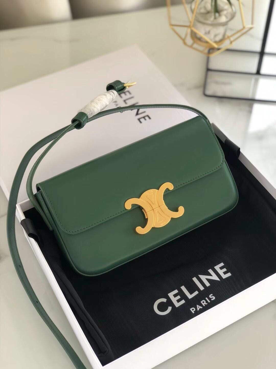 Celine 194143 Triomphe Shoulder Bag in Natural Calfskin Green