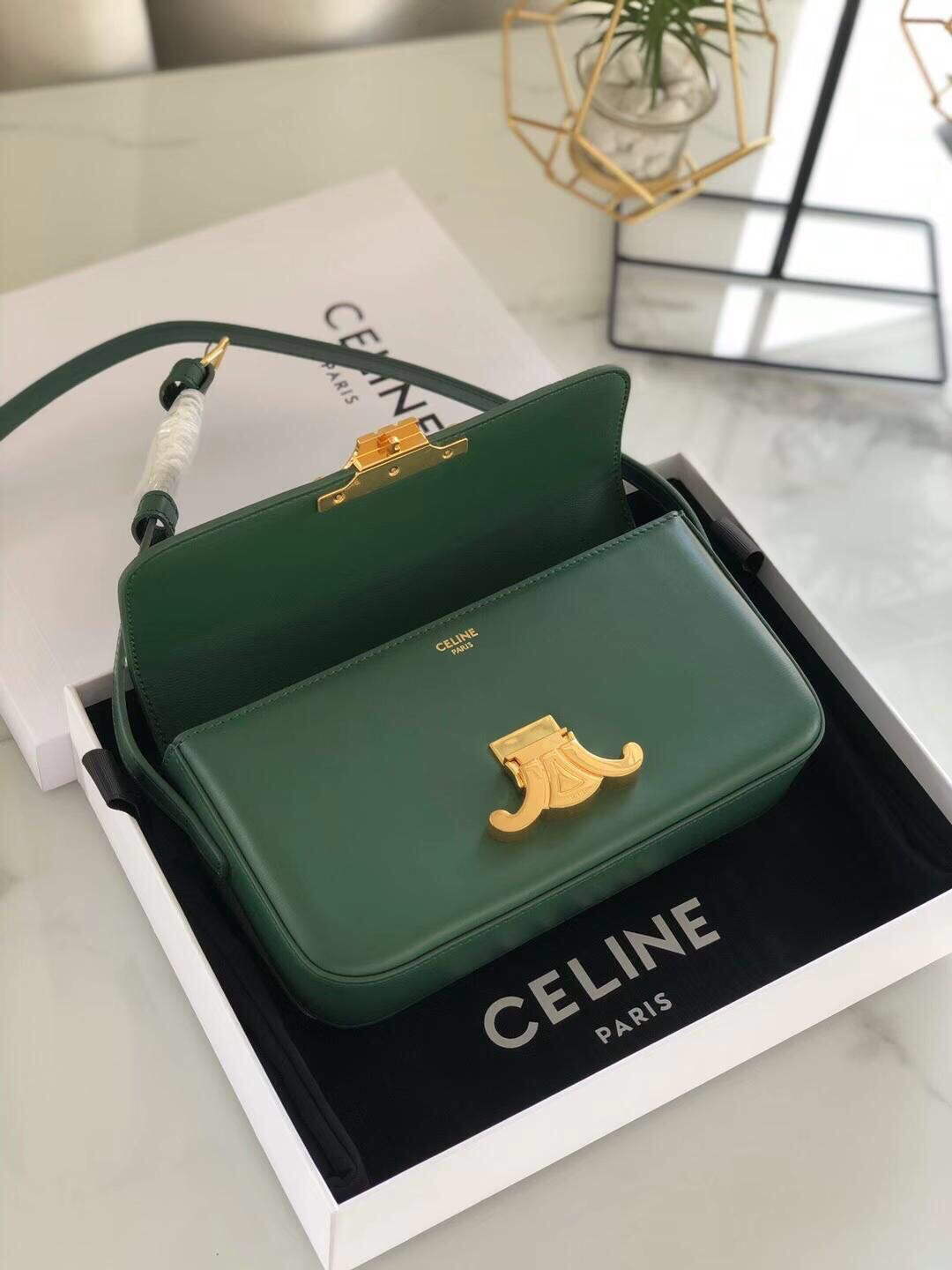 Celine 194143 Triomphe Shoulder Bag in Natural Calfskin Green
