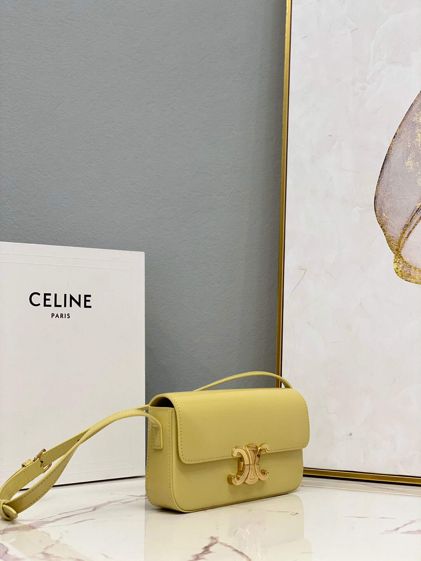 Celine 194143 Triomphe Shoulder Bag in Natural Calfskin Light Yellow