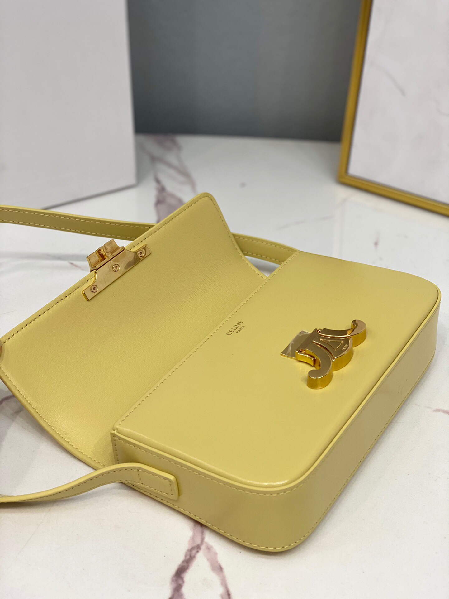 Celine 194143 Triomphe Shoulder Bag in Natural Calfskin Light Yellow
