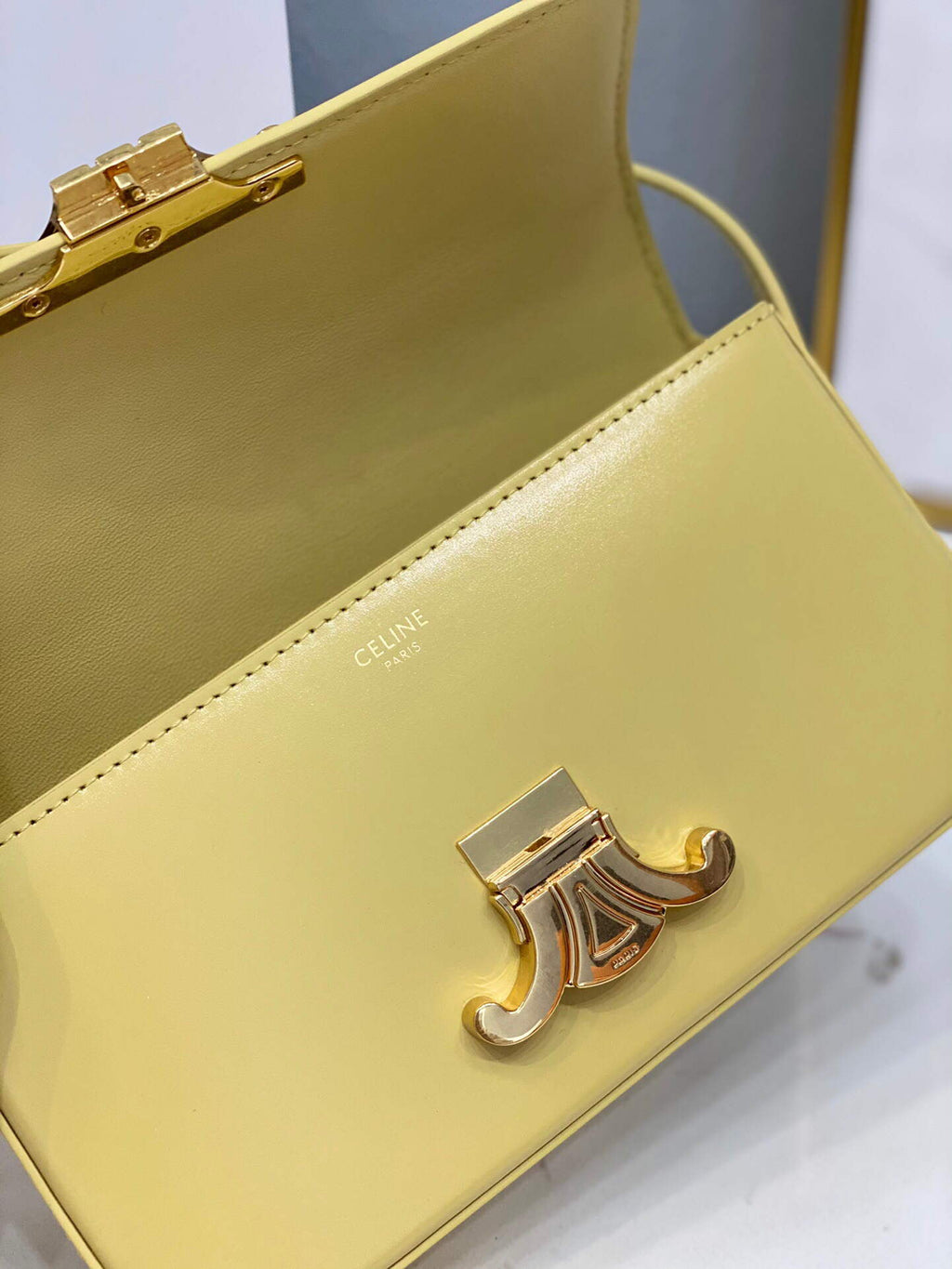 Celine 194143 Triomphe Shoulder Bag in Natural Calfskin Light Yellow
