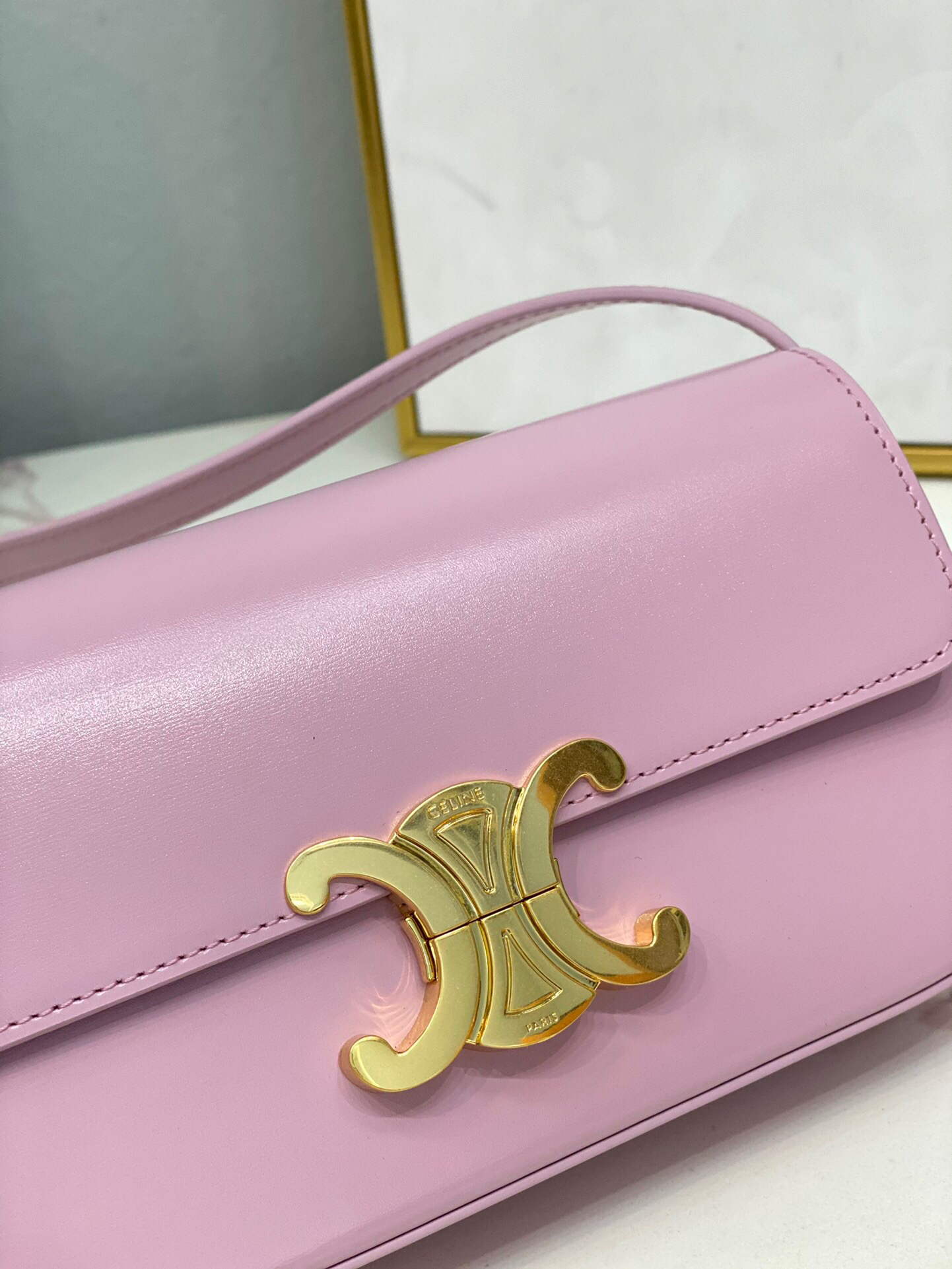 Celine 194143 Triomphe Shoulder Bag in Natural Calfskin Pink