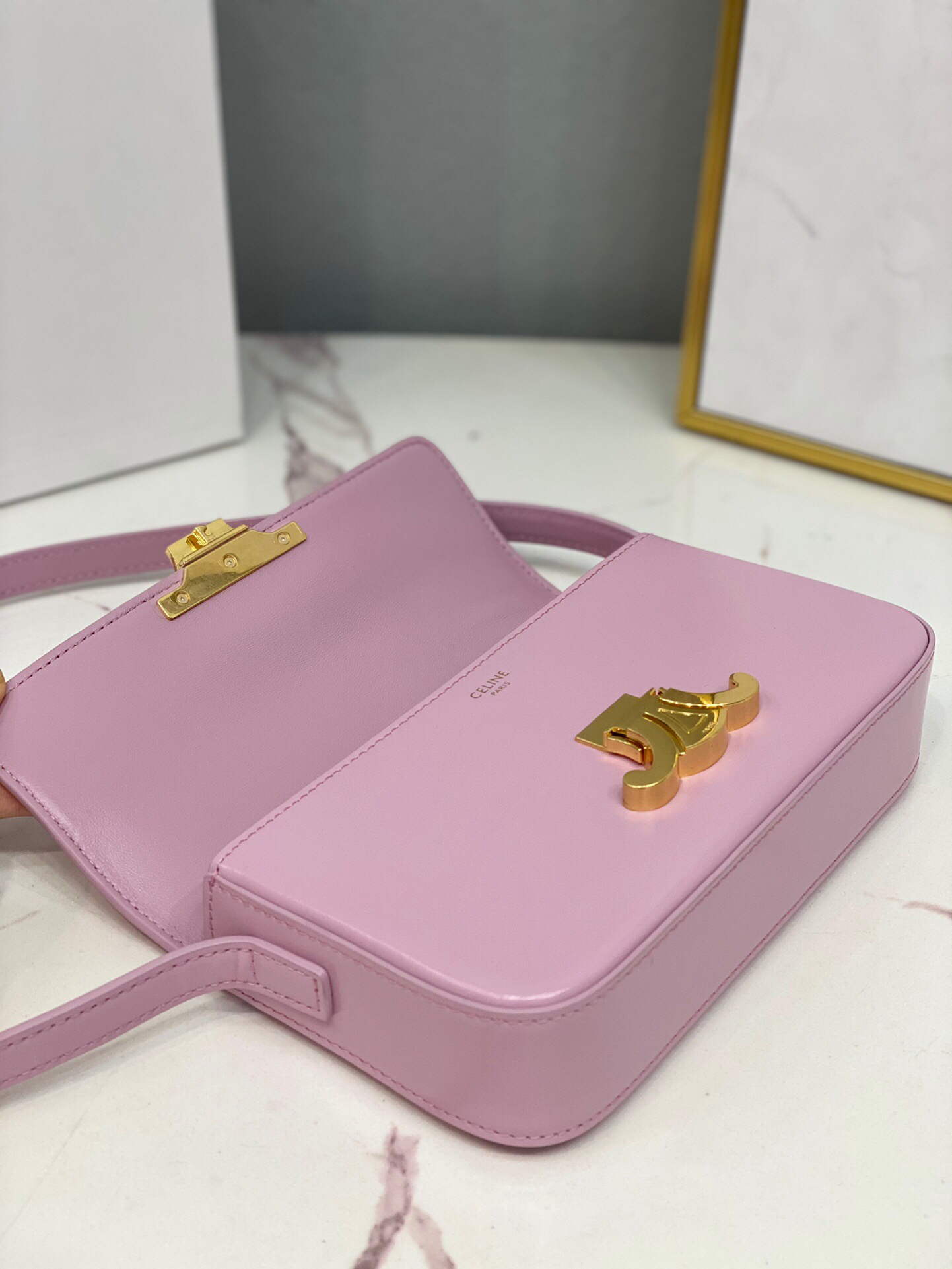 Celine 194143 Triomphe Shoulder Bag in Natural Calfskin Pink
