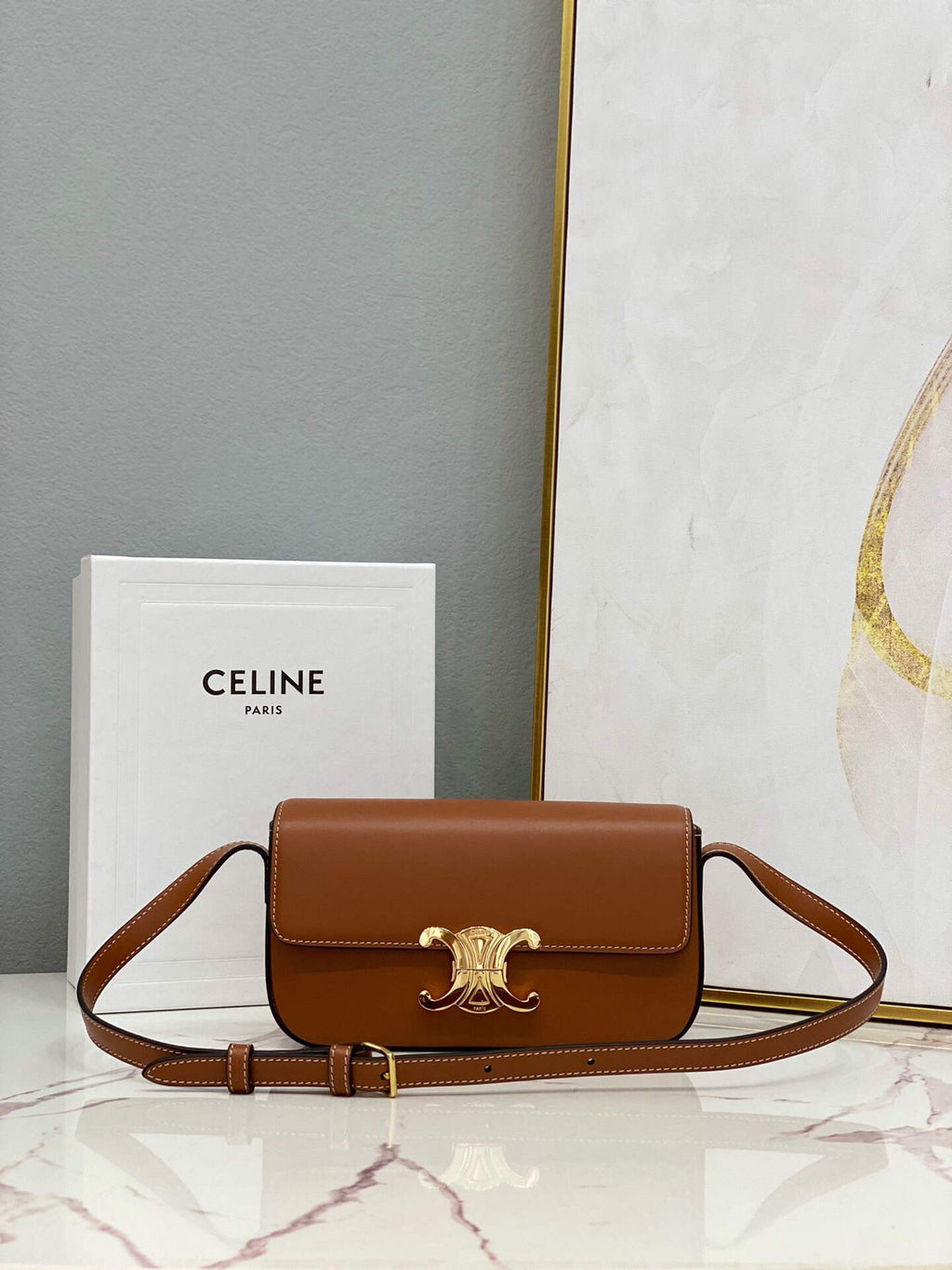 Celine 194143 Triomphe Shoulder Bag in Natural Calfskin Tan