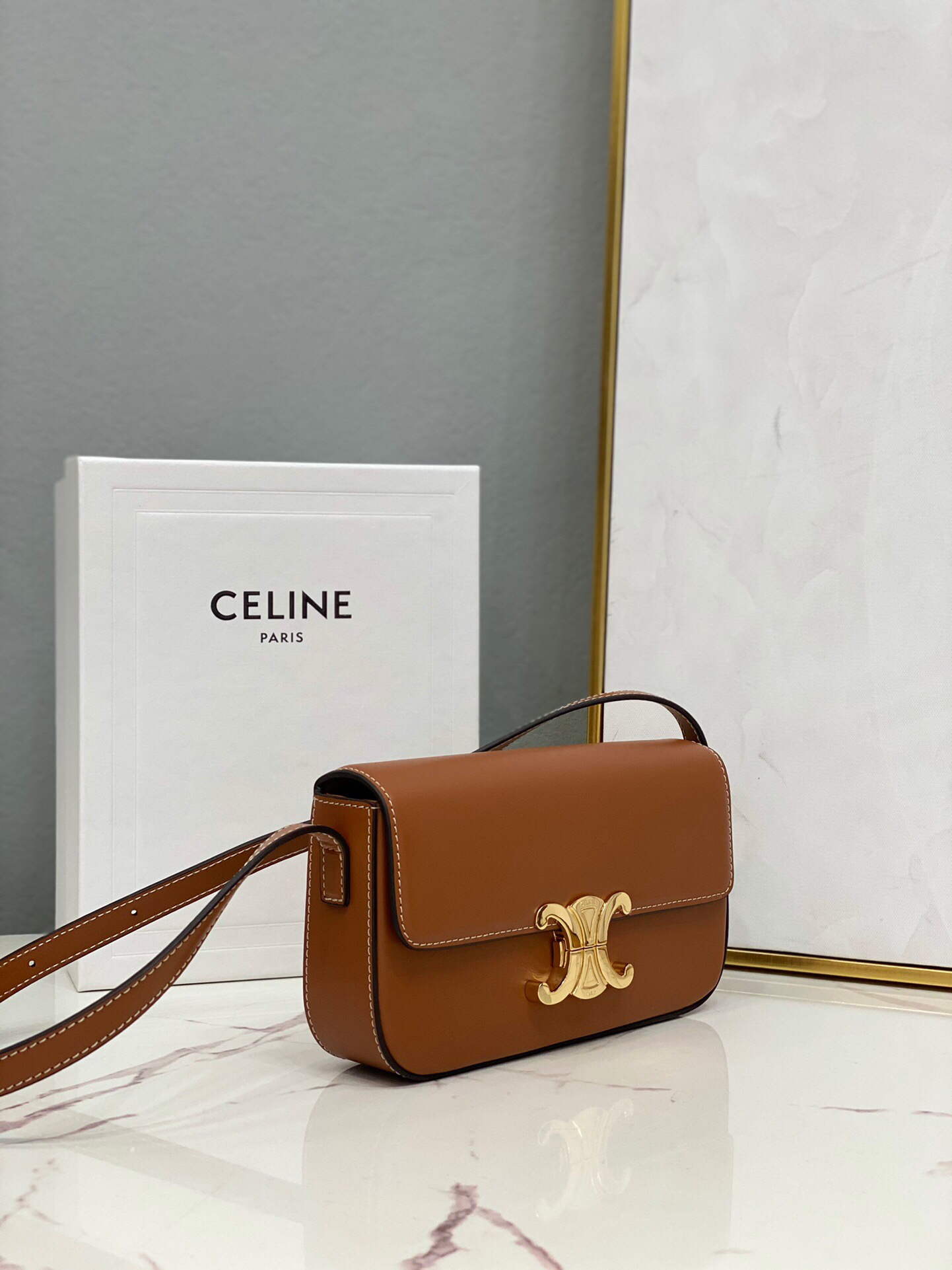 Celine 194143 Triomphe Shoulder Bag in Natural Calfskin Tan