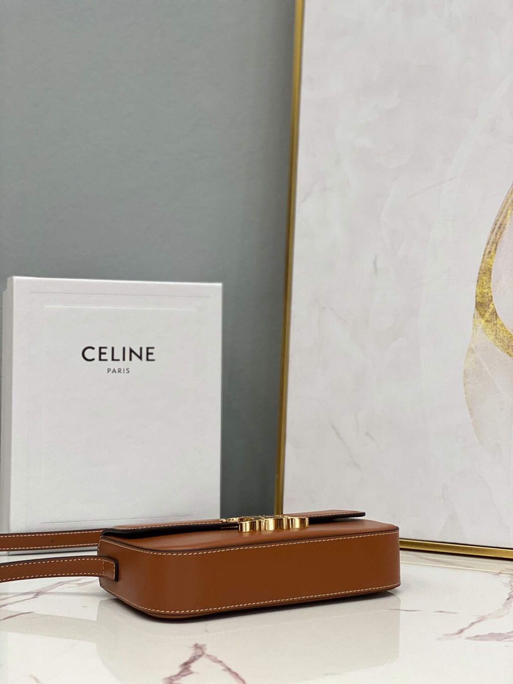 Celine 194143 Triomphe Shoulder Bag in Natural Calfskin Tan