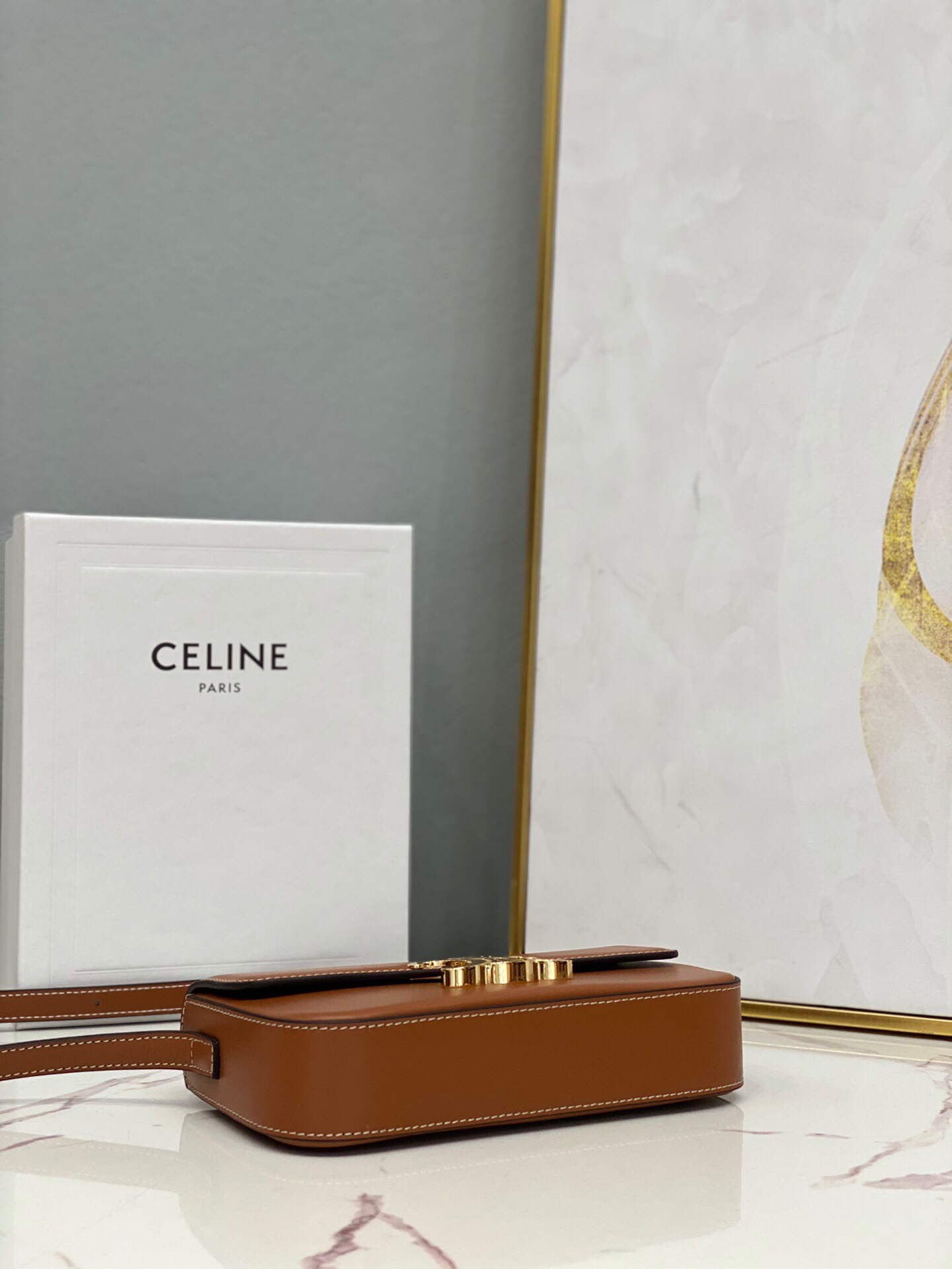 Celine 194143 Triomphe Shoulder Bag in Natural Calfskin Tan
