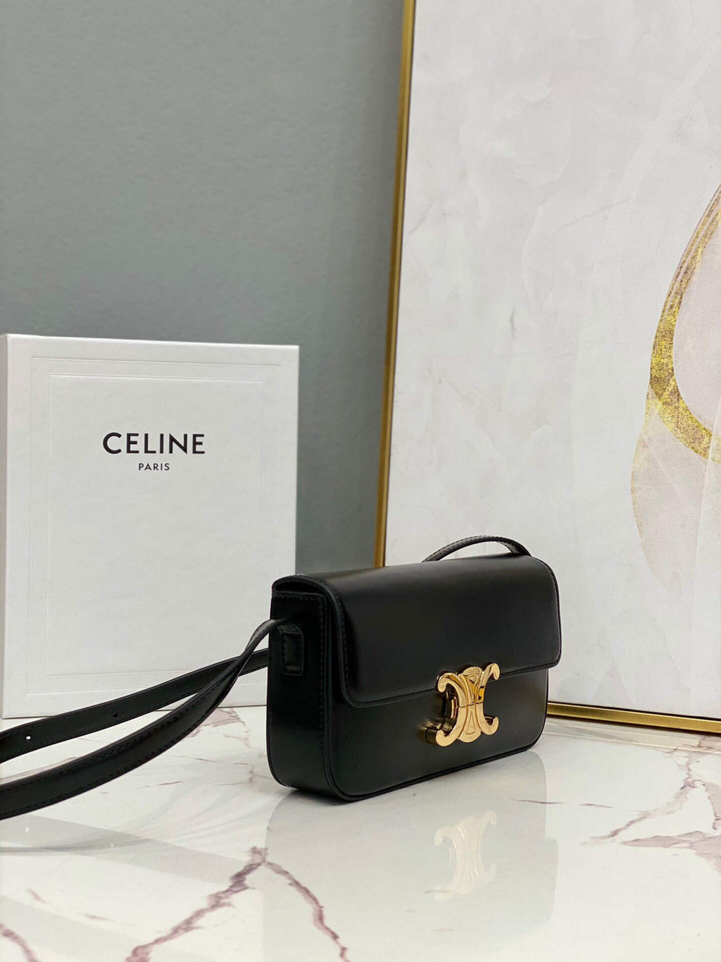 Celine 194143 Triomphe Shoulder Bag in Natural Calfskin Black
