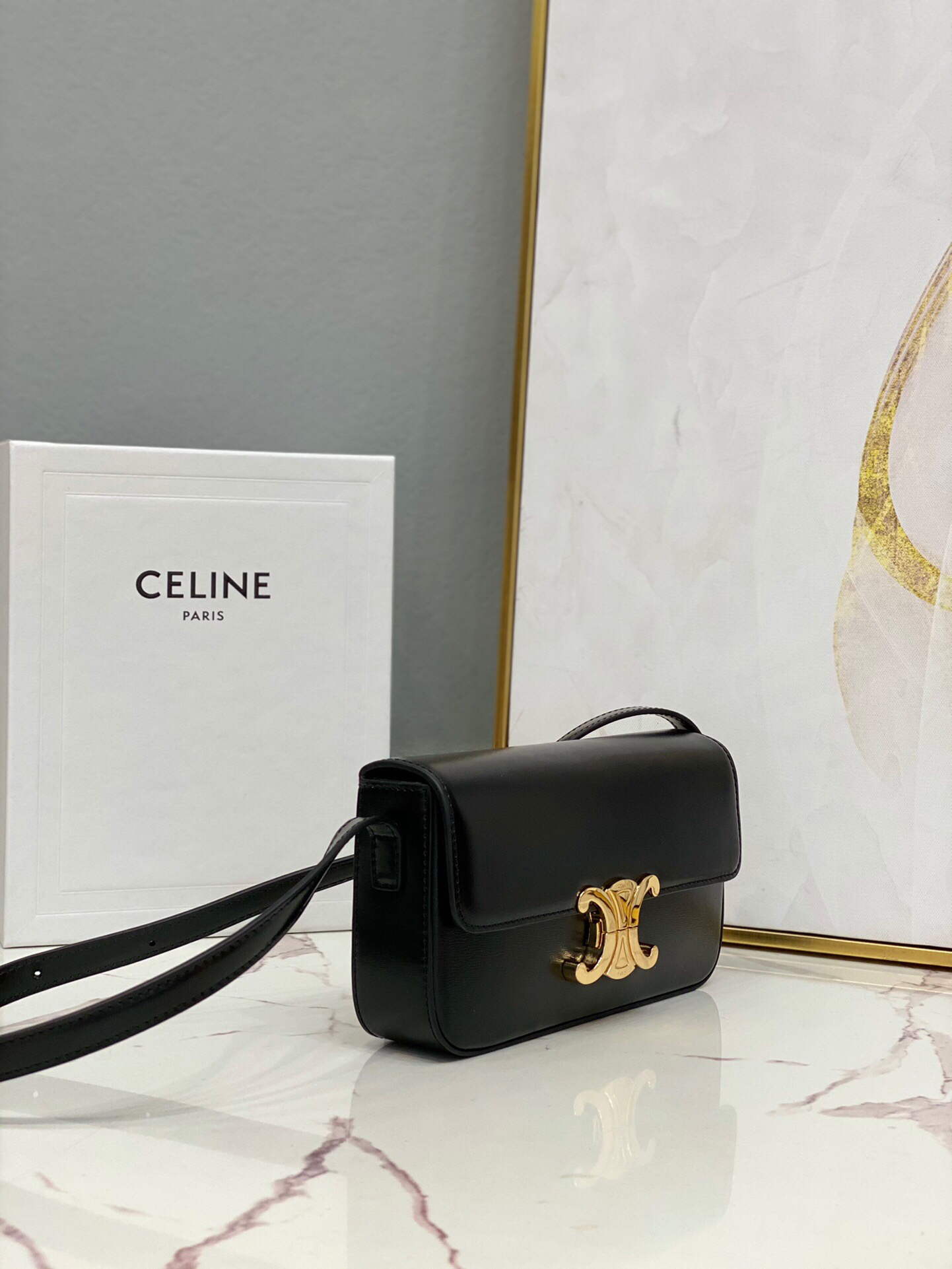 Celine 194143 Triomphe Shoulder Bag in Natural Calfskin Black