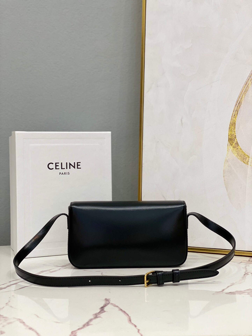 Celine 194143 Triomphe Shoulder Bag in Natural Calfskin Black