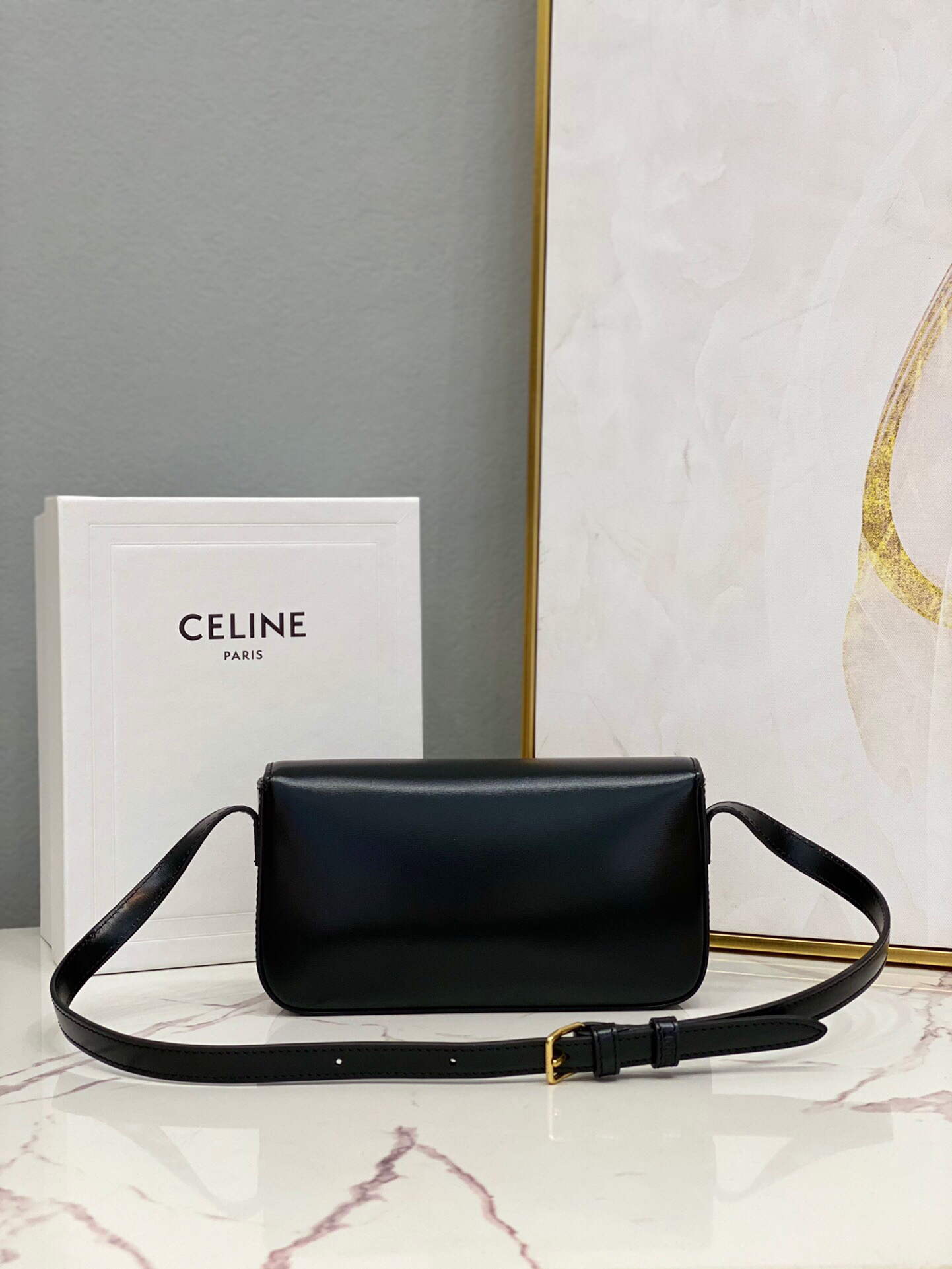 Celine 194143 Triomphe Shoulder Bag in Natural Calfskin Black