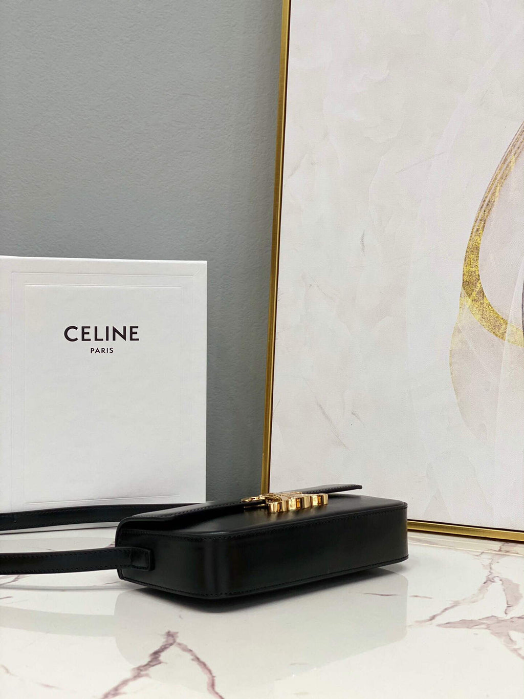 Celine 194143 Triomphe Shoulder Bag in Natural Calfskin Black