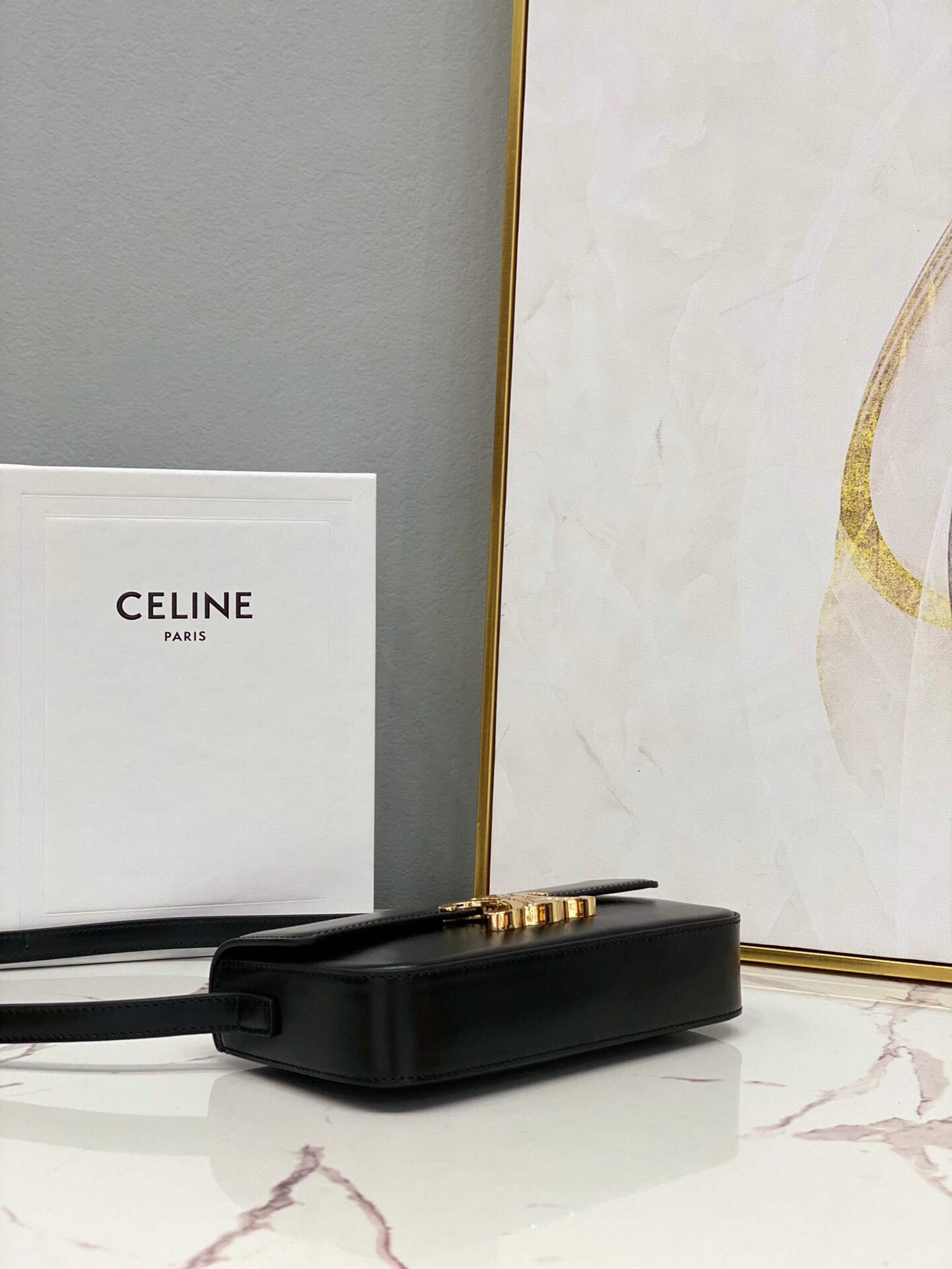 Celine 194143 Triomphe Shoulder Bag in Natural Calfskin Black