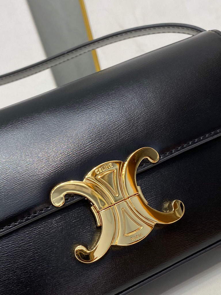 Celine 194143 Triomphe Shoulder Bag in Natural Calfskin Black