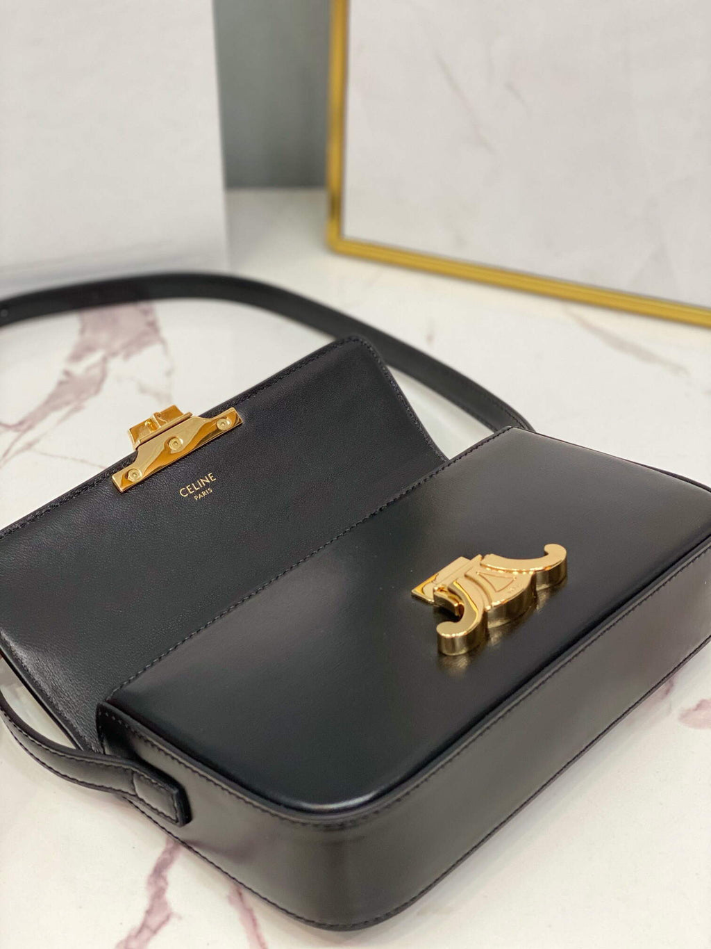 Celine 194143 Triomphe Shoulder Bag in Natural Calfskin Black