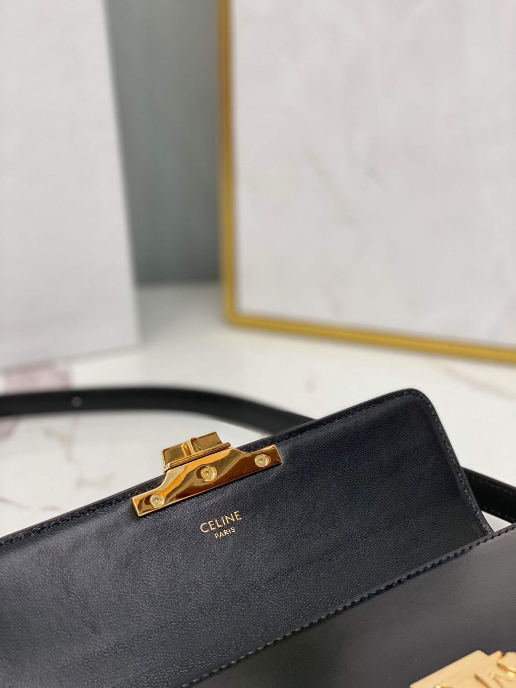 Celine 194143 Triomphe Shoulder Bag in Natural Calfskin Black