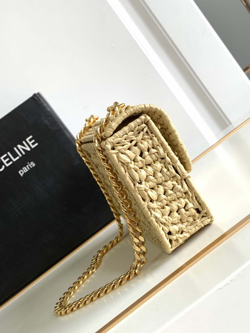 Celine 197993 Chain Shoulder Bag Claude In Triomphe Raffia Apricot