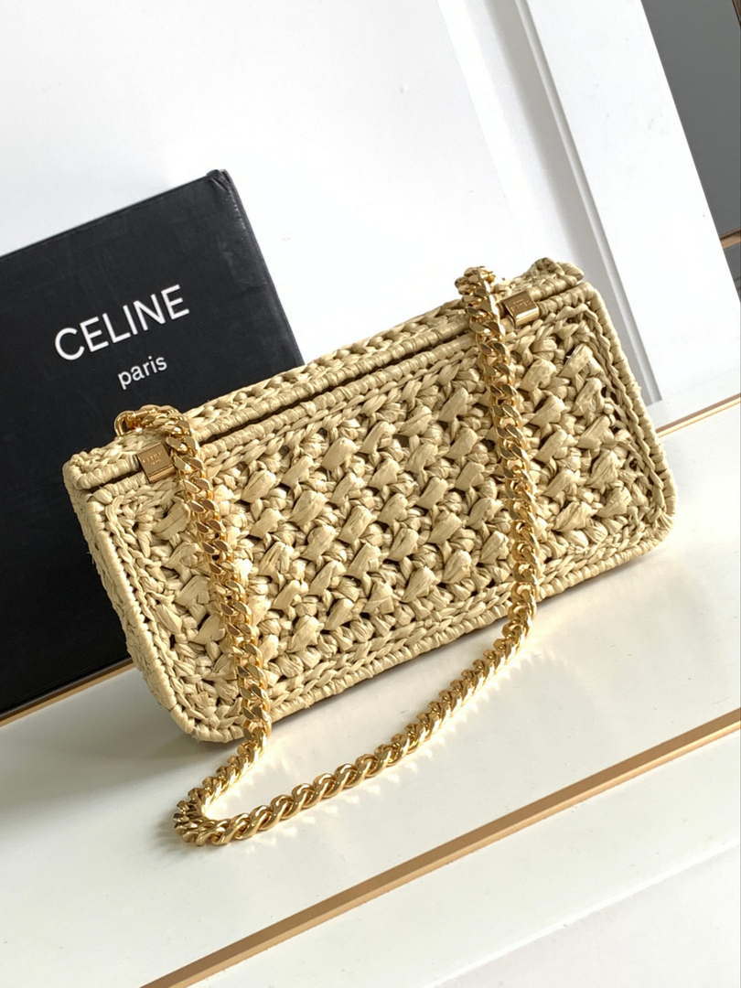 Celine 197993 Chain Shoulder Bag Claude In Triomphe Raffia Apricot