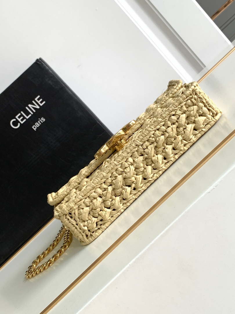 Celine 197993 Chain Shoulder Bag Claude In Triomphe Raffia Apricot